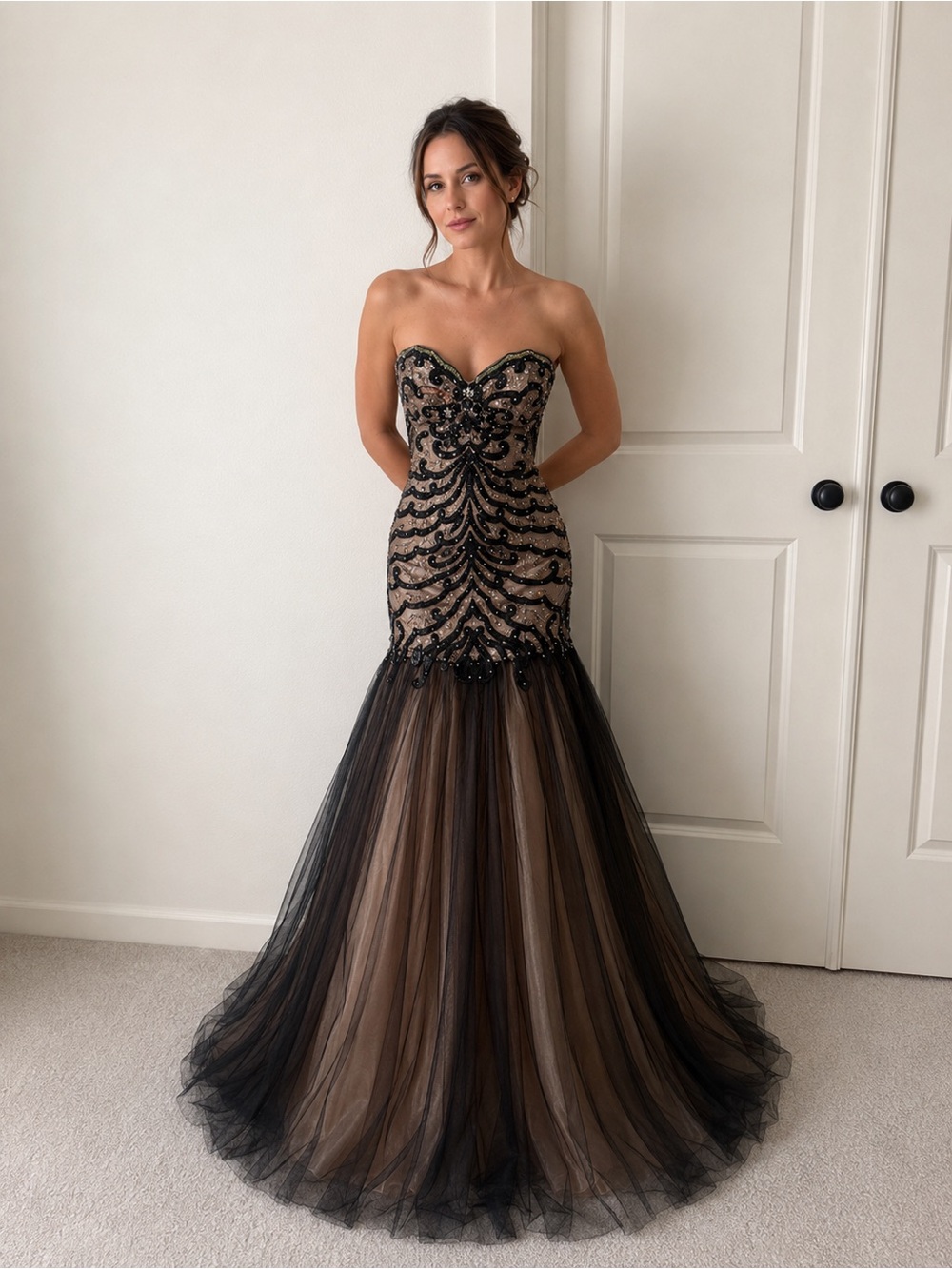 Jovani Black & Nude Beaded Mermaid Gown | Size 8 | NWT
